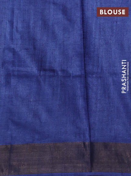 Pure tussar silk saree teal green and blue with allover floral prints and zari woven border
