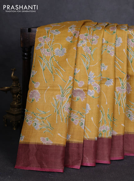 Pure tussar silk saree mustard yellow and wine shade with allover floral prints and zari woven border