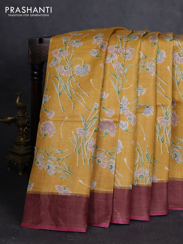 Pure tussar silk saree mustard yellow and wine shade with allover floral prints and zari woven border