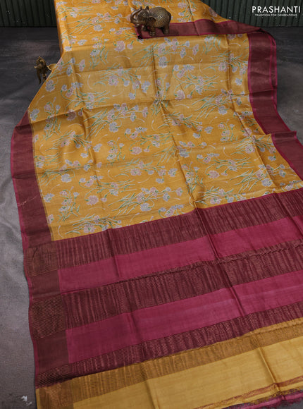 Pure tussar silk saree mustard yellow and wine shade with allover floral prints and zari woven border