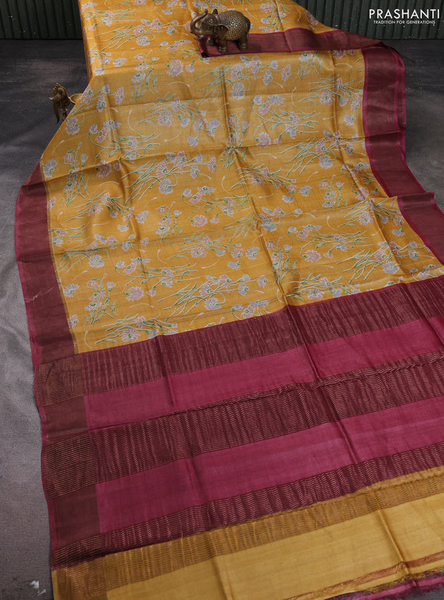 Pure tussar silk saree mustard yellow and wine shade with allover floral prints and zari woven border