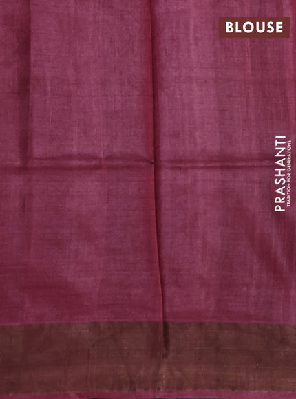 Pure tussar silk saree mustard yellow and wine shade with allover floral prints and zari woven border