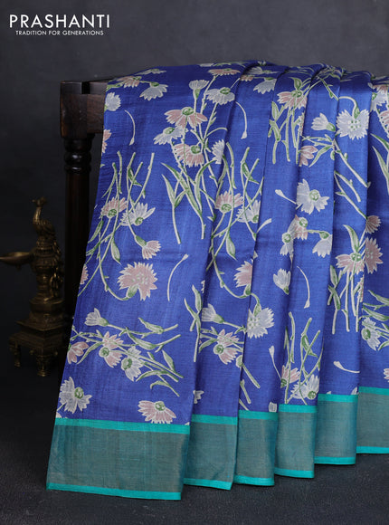 Pure tussar silk saree blue and teal green with allover floral prints and zari woven border