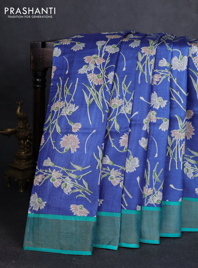 Pure tussar silk saree blue and teal green with allover floral prints and zari woven border