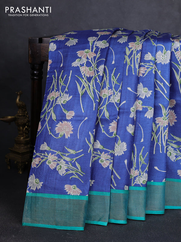 Pure tussar silk saree blue and teal green with allover floral prints and zari woven border