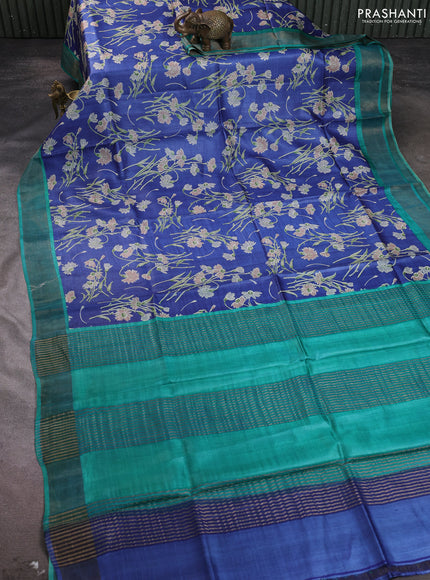 Pure tussar silk saree blue and teal green with allover floral prints and zari woven border