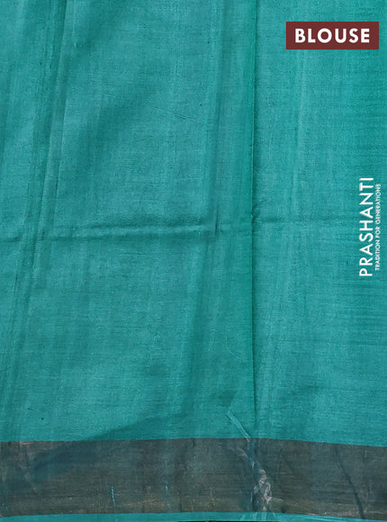Pure tussar silk saree blue and teal green with allover floral prints and zari woven border