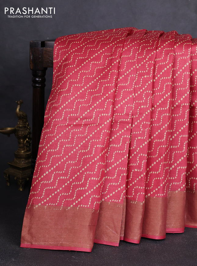 Pure tussar silk saree maroon with allover prints and zari woven border