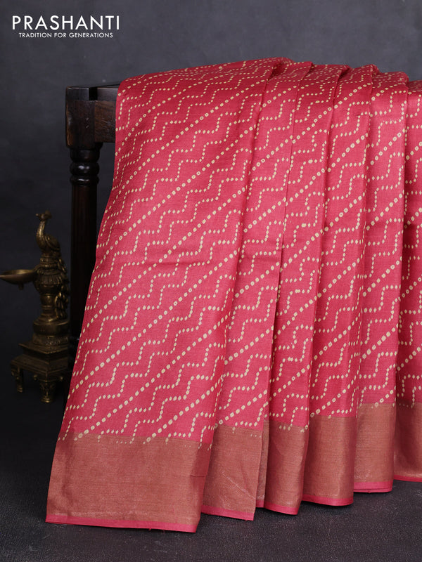 Pure tussar silk saree maroon with allover prints and zari woven border