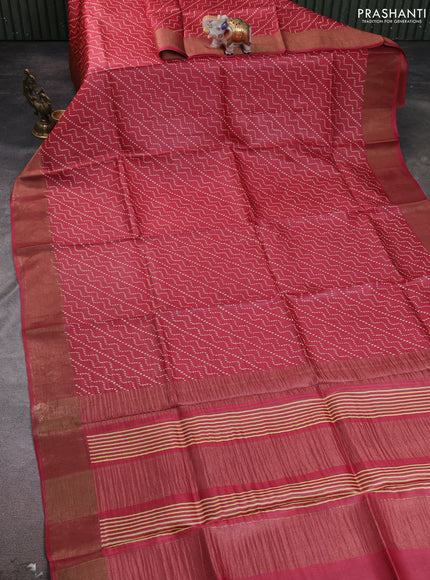 Pure tussar silk saree maroon with allover prints and zari woven border