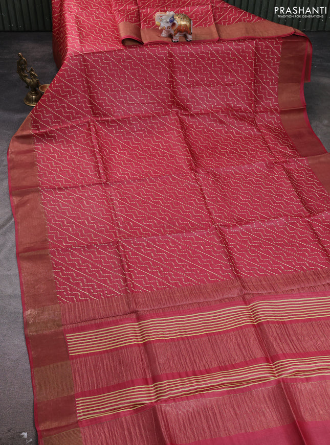 Pure tussar silk saree maroon with allover prints and zari woven border