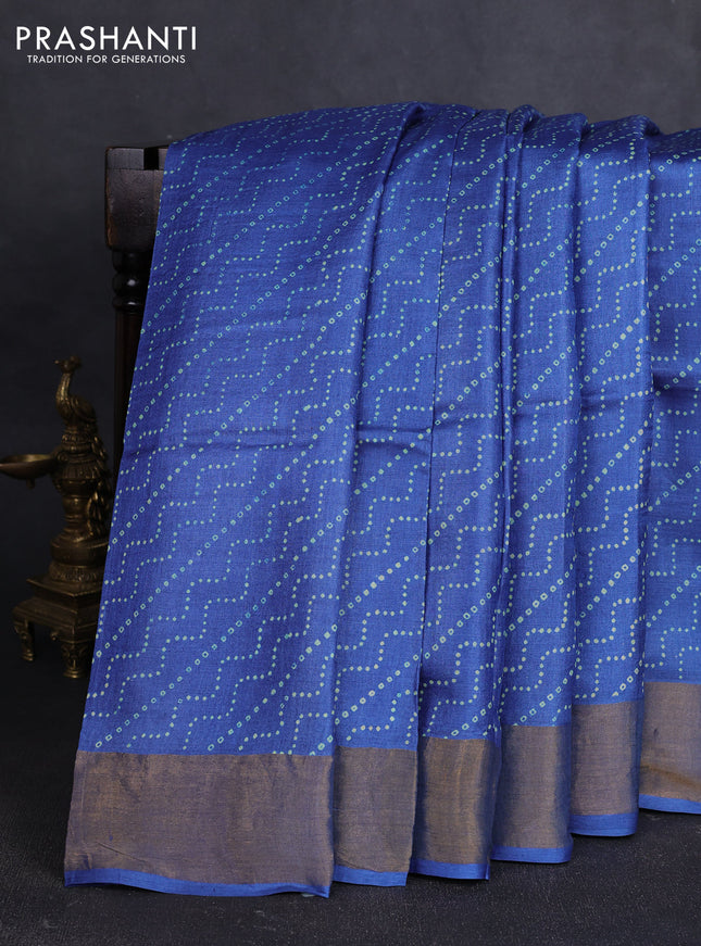 Pure tussar silk saree blue with allover prints and zari woven border