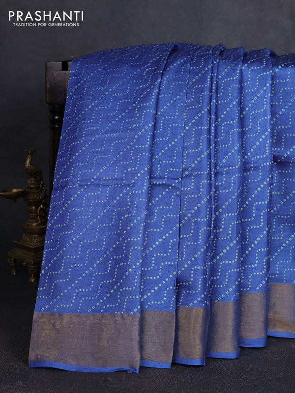 Pure tussar silk saree blue with allover prints and zari woven border