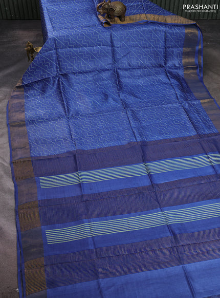 Pure tussar silk saree blue with allover prints and zari woven border