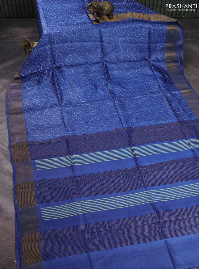 Pure tussar silk saree blue with allover prints and zari woven border