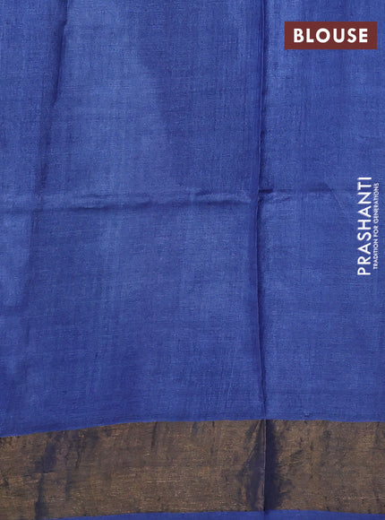 Pure tussar silk saree blue with allover prints and zari woven border
