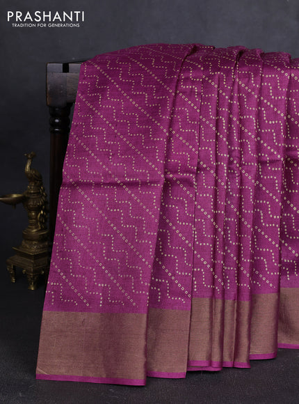 Pure tussar silk saree dark pink with allover prints and zari woven border
