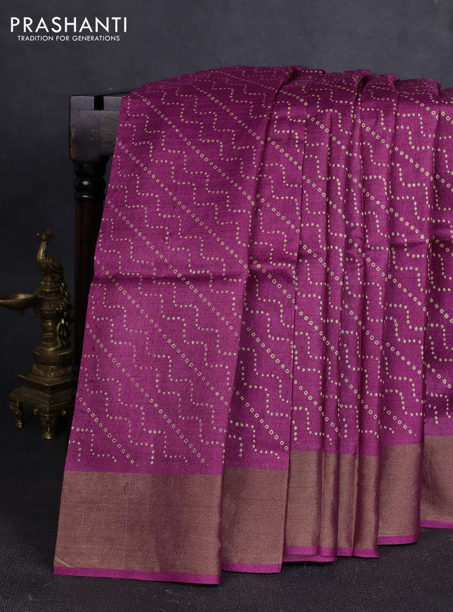 Pure tussar silk saree dark pink with allover prints and zari woven border