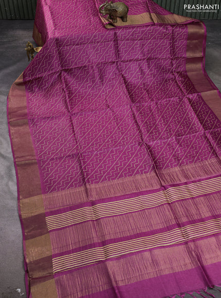 Pure tussar silk saree dark pink with allover prints and zari woven border