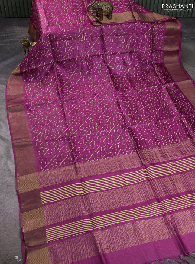 Pure tussar silk saree dark pink with allover prints and zari woven border