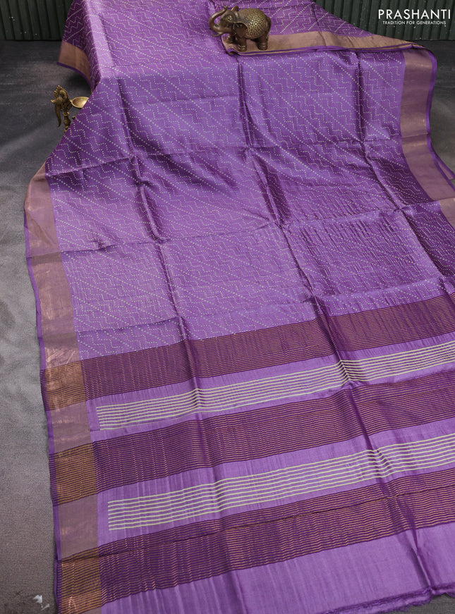 Pure tussar silk saree lavender with allover prints and zari woven border