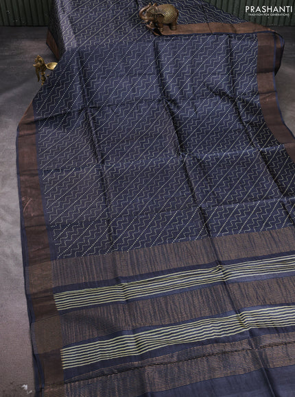 Pure tussar silk saree dark grey with allover prints and zari woven border
