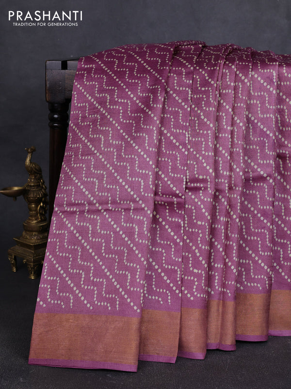Pure tussar silk saree mauve pink with allover prints and zari woven border