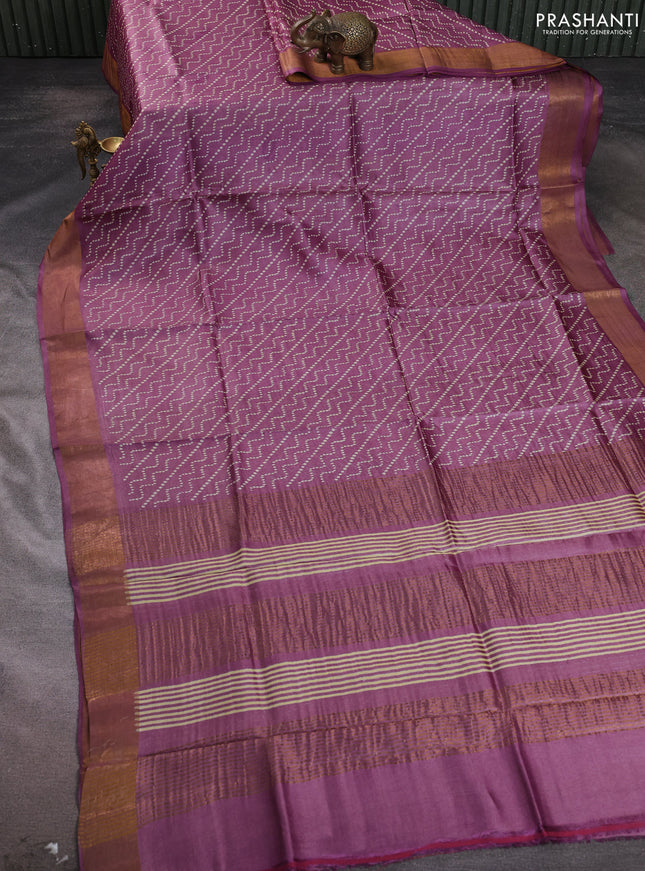 Pure tussar silk saree mauve pink with allover prints and zari woven border