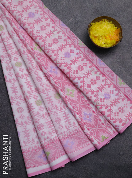 Mul cotton saree off white and light pink with allover prints and printed border