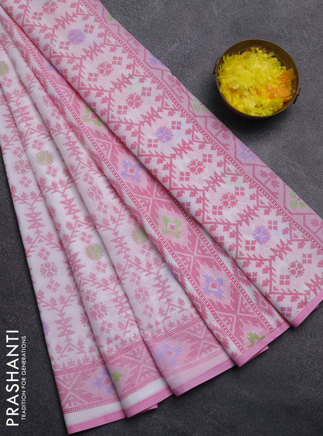 Mul cotton saree off white and light pink with allover prints and printed border