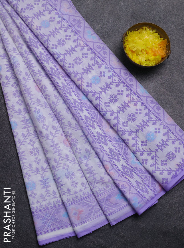 Mul cotton saree off white and lavender with allover prints and printed border