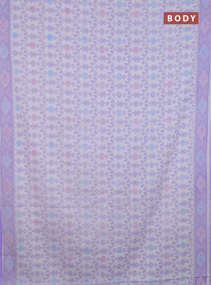 Mul cotton saree off white and lavender with allover prints and printed border