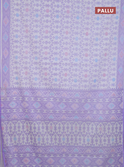 Mul cotton saree off white and lavender with allover prints and printed border