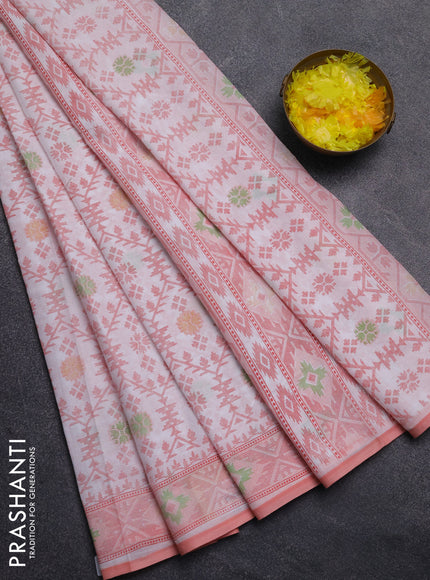 Mul cotton saree off white and peach shade with allover prints and printed border