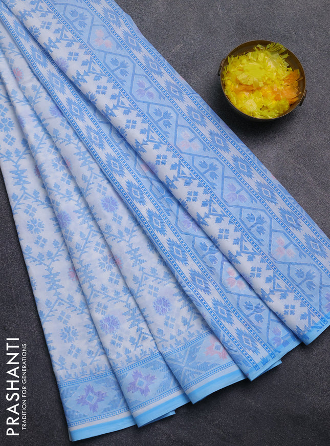 Mul cotton saree off white and light blue with allover prints and printed border
