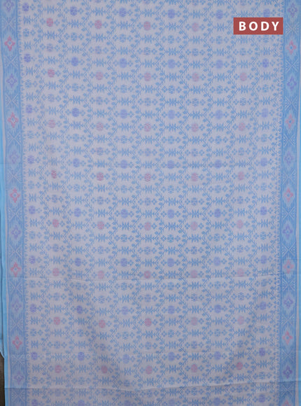 Mul cotton saree off white and light blue with allover prints and printed border