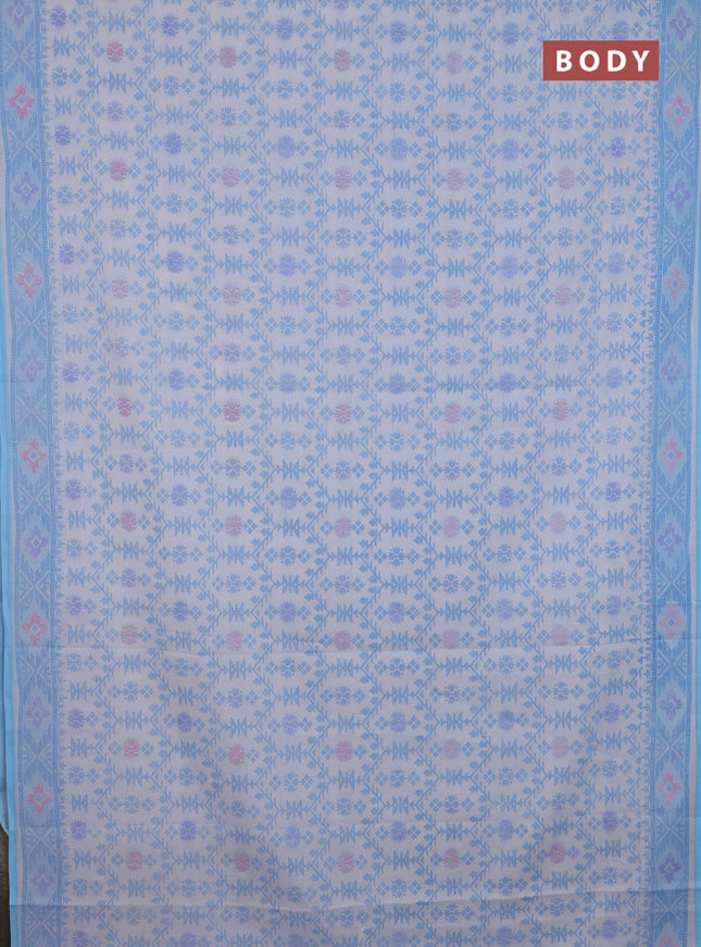 Mul cotton saree off white and light blue with allover prints and printed border