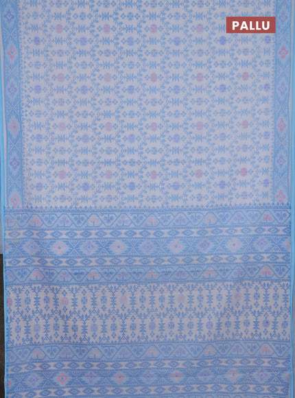 Mul cotton saree off white and light blue with allover prints and printed border