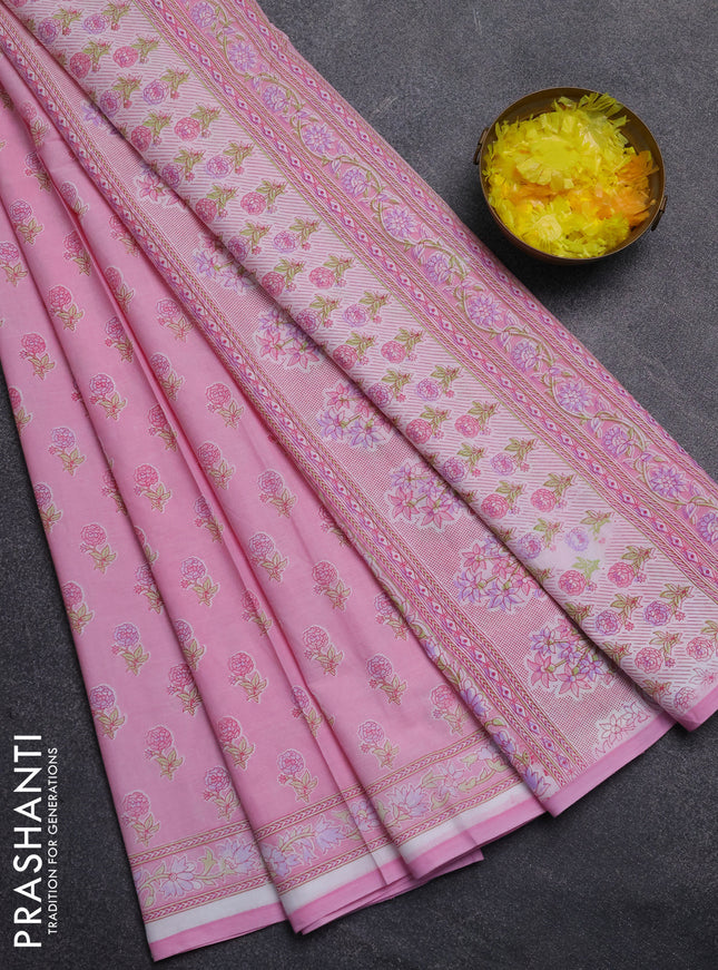 Mul cotton saree off white and light pink with allover butta prints and printed border