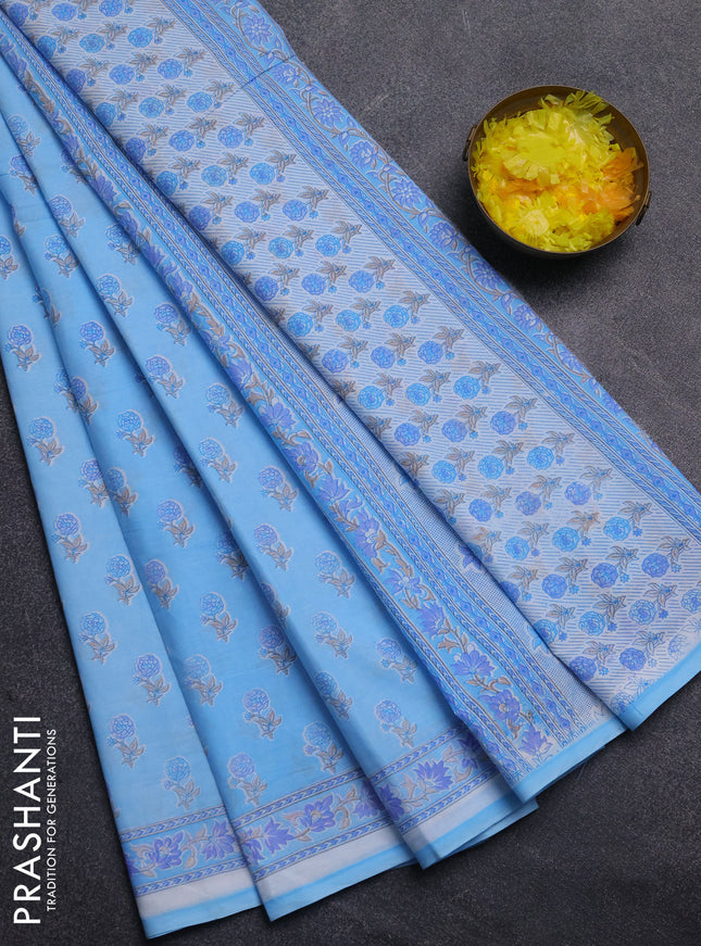 Mul cotton saree off white and light blue with allover butta prints and printed border