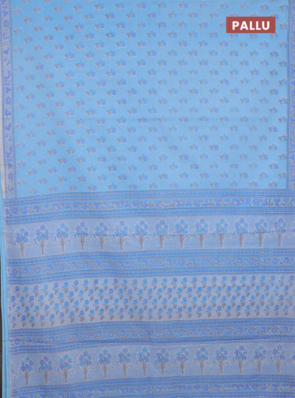 Mul cotton saree off white and light blue with allover butta prints and printed border