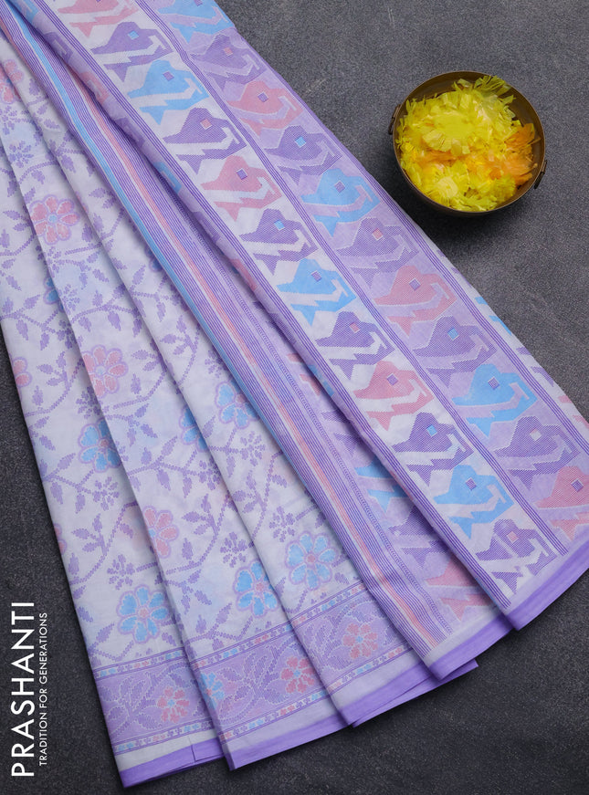 Mul cotton saree off white and lavender with allover prints and printed border