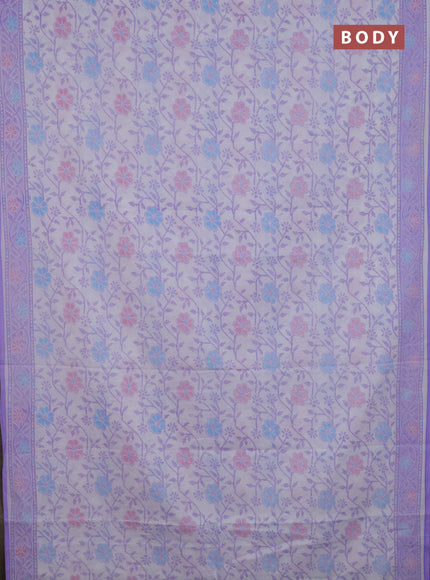 Mul cotton saree off white and lavender with allover prints and printed border