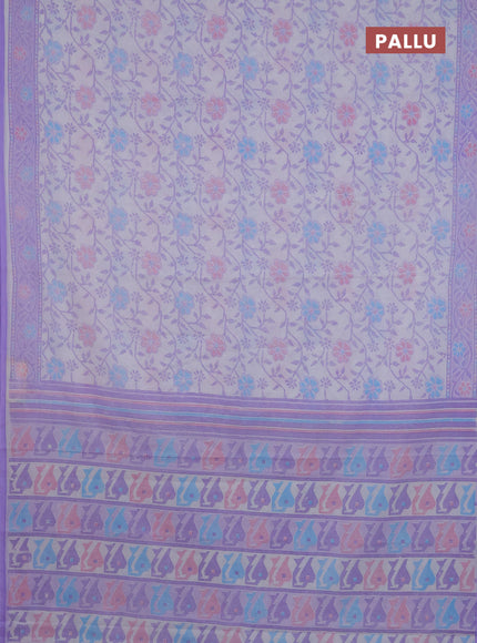 Mul cotton saree off white and lavender with allover prints and printed border