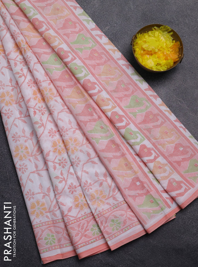 Mul cotton saree off white and peach shade with allover prints and printed border
