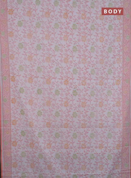 Mul cotton saree off white and peach shade with allover prints and printed border