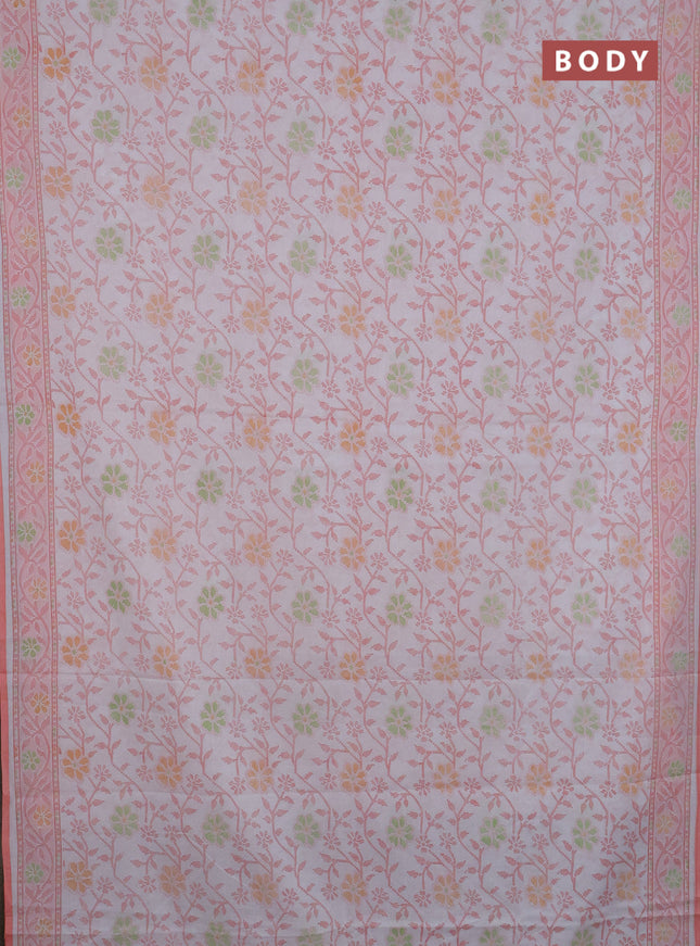Mul cotton saree off white and peach shade with allover prints and printed border
