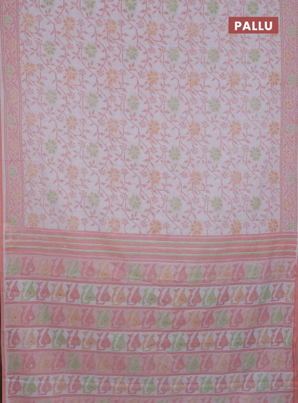 Mul cotton saree off white and peach shade with allover prints and printed border