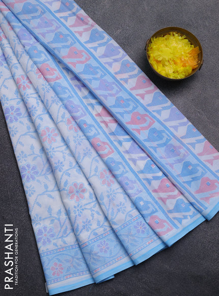 Mul cotton saree off white and light blue with allover prints and printed border