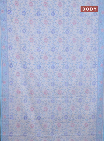 Mul cotton saree off white and light blue with allover prints and printed border